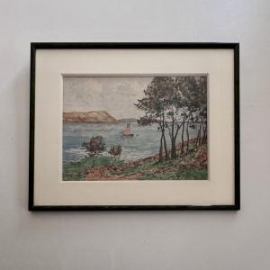 Watercolor On Paper, Seascape By Félix Robin, 20th Century