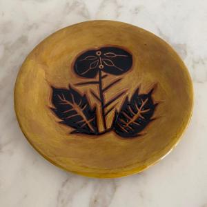 Terracotta Plate By Jean Lurçat, Foliage Decoration On A Yellow Background