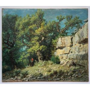 Oil On Canvas By Louis Delorme, Forest And Rocks, Late 19th Century