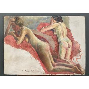 Portrait Of Reclining Nude Women, Studio Of Guillot Rafaillac, Oil On Panel, 20th Century