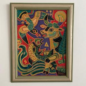 Gouache Modern Composition By M. Debiève, Animals, 20th Century