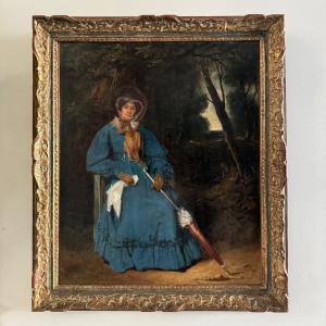 Oil On Canvas, Woman With A Parasol In A Wooded Area, 19th Century