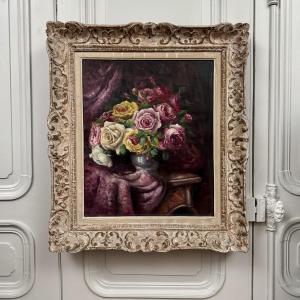 Oil On Canvas, Bouquet Of Roses And Drapery, 20th Century, By R. Roque, Cerused Frame