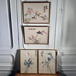 Set Of 4 Panels Of Japanese Embroidered Silk Decorated With Birds