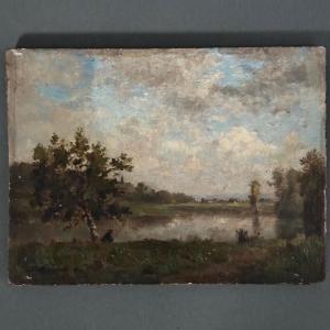 Oil On Panel, Fishermen By The Water, 19th Century, Barbizon