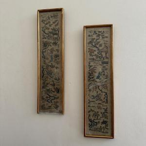 Two 19th-century Chinese Embroidery Panels In Their Gilt Frame 