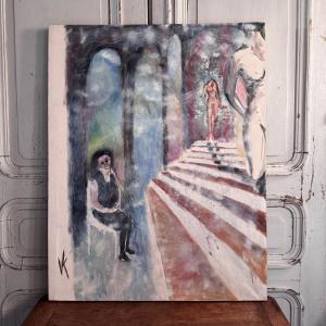 Oil On Canvas By Véronique Maude, Fini, Woman Descending A Staircase, 20th Century