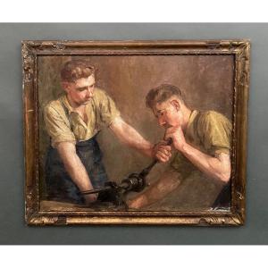 Oil On Canvas, Two Workers At Work, 1930, By F. Saint Pasty