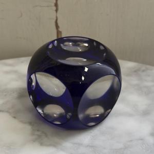 Blue And White Crystal Sulphide Paperweight With Cut Corners