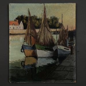Oil On Cardboard, Fishing Boats At The Dock, 20th Century, By Moufunt