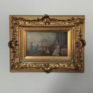 Oil On Panel, 19th-century Interior Scene With Children On A Balcony