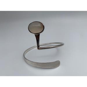 Sterling Silver (800/1000) Bangle Bracelet With Spiral And Oval White Stone, 21 Grams