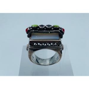 Sterling Silver Ring With Mother-of-pearl And Colored Stones, 22.12 G, Size W56