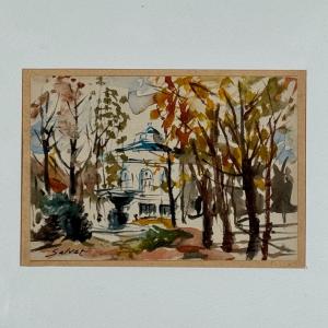 Watercolor Drawing On Paper By Salvat, Monument Behind Trees, 20th Century