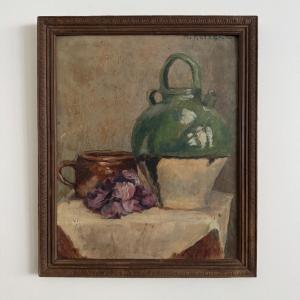 Oil On Cardboard, Still Life With A Jug, By M. Reppere, 20th Century