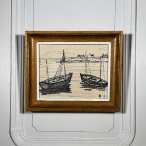 Drawing Depicting Two Boats, Mid-20th Century, Monogram At