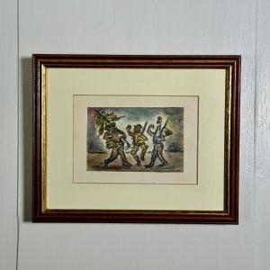 Watercolor On Paper, 3 Figures In Costume, By S. Burto, Mid-20th Century
