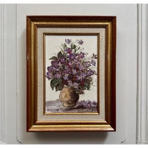 Oil On Canvas Still Life With Flowers By M. Brochard, 20th Century 