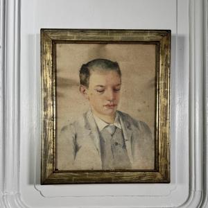 Watercolor On Paper, Early 20th Century, Portrait Of A Young Man, Gilt Frame