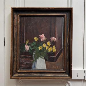 Oil On Panel, Early 20th Century, Bouquet Of Flowers In Its Vase 