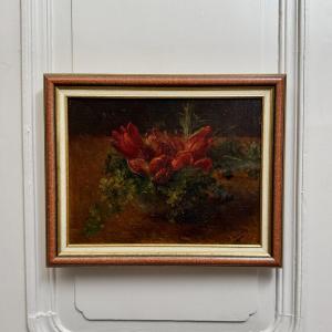 Oil On Panel, Still Life With Tulips, Early 20th Century 