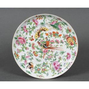 19th Century Canton Porcelain Plate With Floral Decoration Of Birds And Butterflies