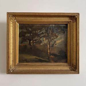 Oil On Panel By Francis Goullin, 19th-century Forest Landscape, Gilt Frame