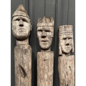 Three Wooden Folk Art Totems Depicting The Three Wise Men, Mid-20th Century