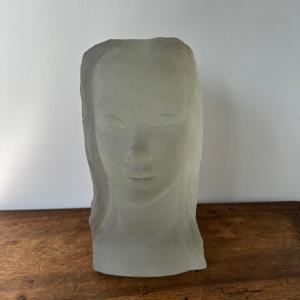 Sculpture By Lucien Lafaye, Female Face In Molded Glass, Circa 1950