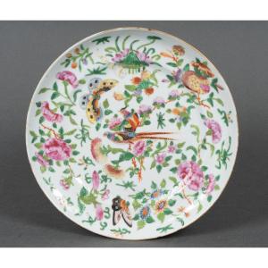 19th Century Canton Porcelain Plate With Floral Decoration Of Birds And Butterflies