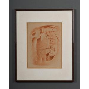 Engraving By Mariette Lydis, 20th Century: Couple In Hats In Front Of A Harbor