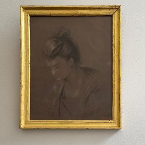 Pencil Drawing Portrait Of A Young Woman, Early 20th Century, Gold Frame