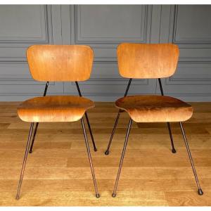 Pair Of Curved Chairs, 1960s, Tubular Metal, Robert Mathieu 