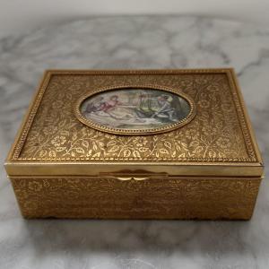 19th-century Guilloché Bronze Box Adorned With A Romantic Miniature
