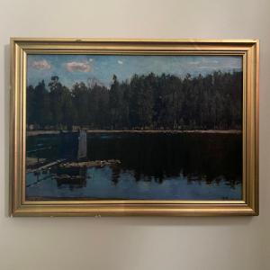 Oil On Cardboard By Stanislaw Zukowski, Body Of Water At Dusk