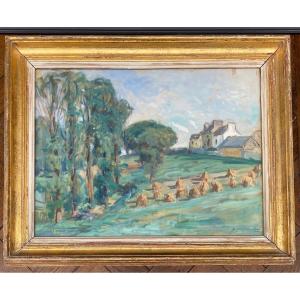 Watercolor By Paul Paquereau Haystacks 20th Century