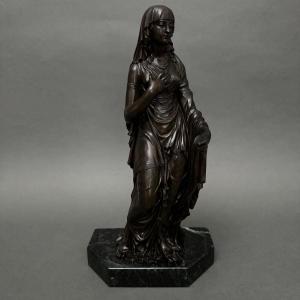 19th-century Bronze Sculpture Of A Draped Woman In Classical Style On A Marble Base