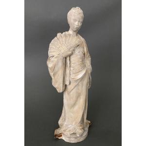 Studio Plaster Statue By Charles Filleul, Woman With A Fan, 20th Century 