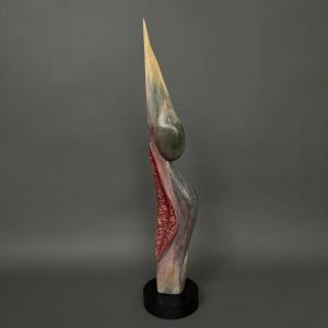 Wooden Sculpture By Calin Hentea, 20th Century, Woman With A Bird 