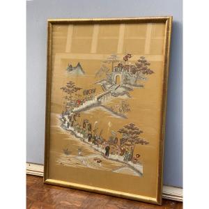 Silk Embroidery, China, Late 19th Century, Figures, Banners, Vegetation