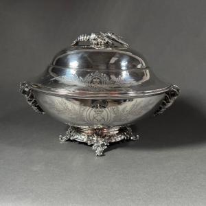 Christofle Silver-plated Metal Tureen With Lobster-shaped Decoration And Handles
