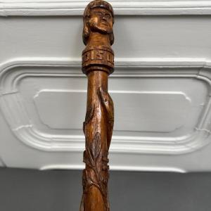 Wooden Walking Stick With Carved Snake Handle, Helling Folk Art