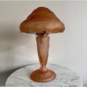 Mushroom Lamp In Frosted Glass, Decorated With A Nude Woman On A Pink Background, 1930s