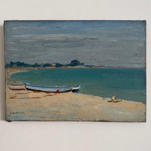 Oil On Canvas, Seaside Scene With Boats On A Beach By C. Gallos, 20th Century