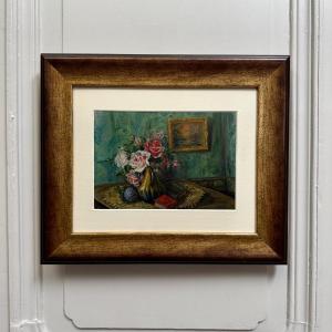 Watercolor On Paper, Still Life Bouquet Of Flowers, 20th Century, By Rivoto