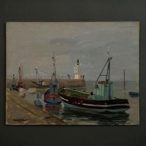 Oil On Cardboard, 20th Century, By Florent Sichet, Trawlers, Fishing Boats 