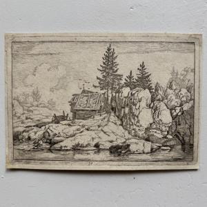 17th-century Engraving: The Two Pines Near The Thatched Cottages By Allart Van Everdingen