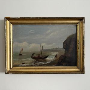 Oil On Cardboard By R. Coubinier, 1887, Boat On A Rocky Coast 