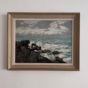 Oil On Cardboard Depicting The Swell By Cavver, 20th Century, Cerused Frame