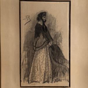 Charcoal Drawing Of A Woman Wearing A Costume With The Monogram Fr, Early 20th Century